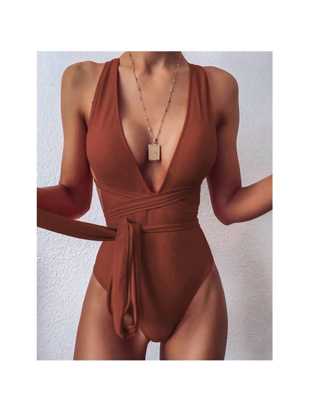 Rust One Piece Swimsuit Small Plunge Knot Front